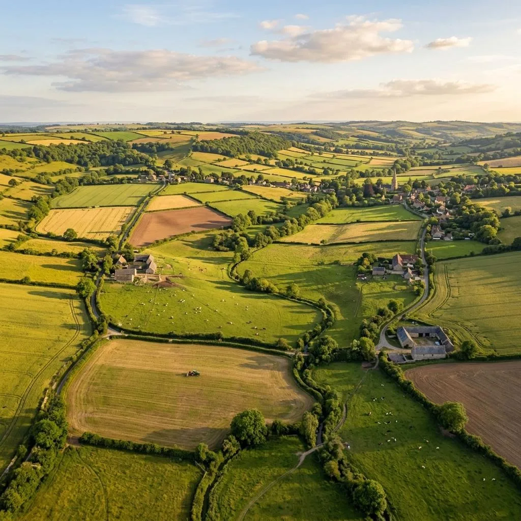 British countryside farmland aerial view rolling hills