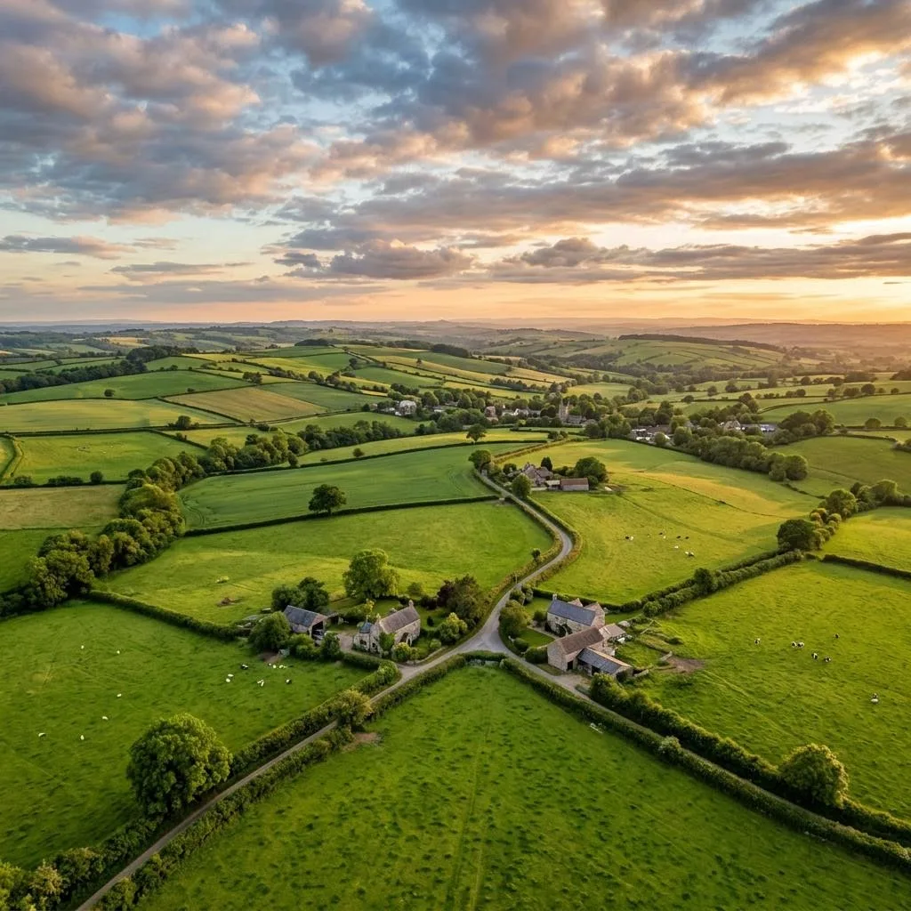 Rolling English countryside at golden hour